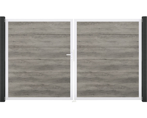 Dvojkrídlová brána s dizajnom dreva a bielym rámom