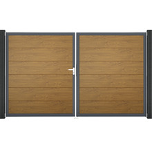 Dvojkrídlová brána s vodorovným dreveným lamelovým a kovovým rámom