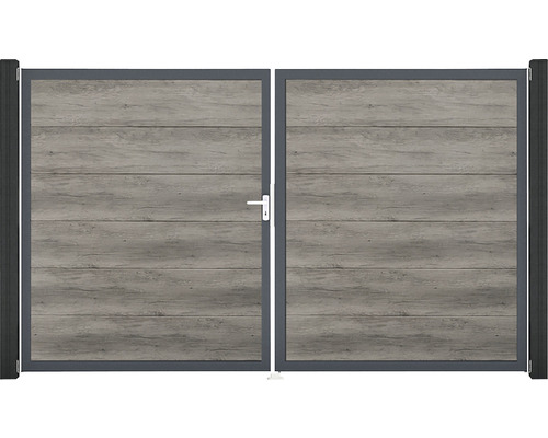 Dvojkrídlová brána s dreveným vzhľadom a kovovým rámom