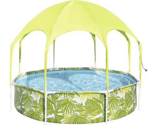 Kruhový bazén s motívom listov a slnečnou ochranou