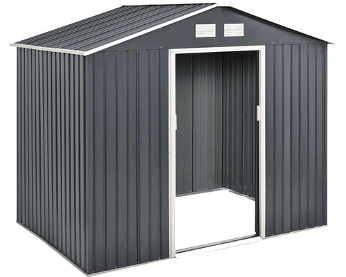 Kovový záhradný domček s otvorenými dverami