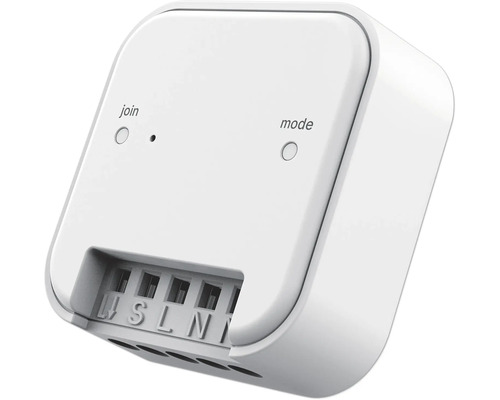 Biely spínač inteligentnej domácnosti s nápismi pre pripojenie a režim