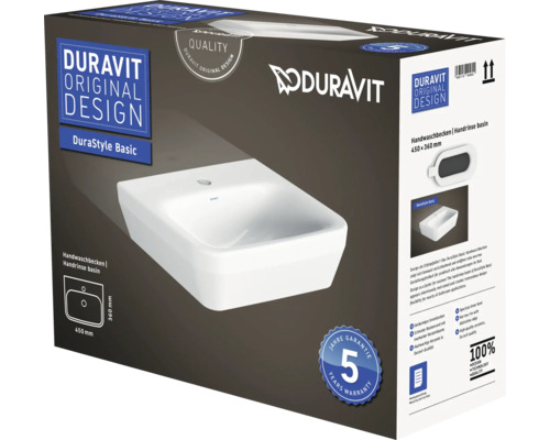 Balenie umývadla Duravit DuraStyle Basic s rozmermi 450 x 360 milimetrov a zárukou 5 rokov