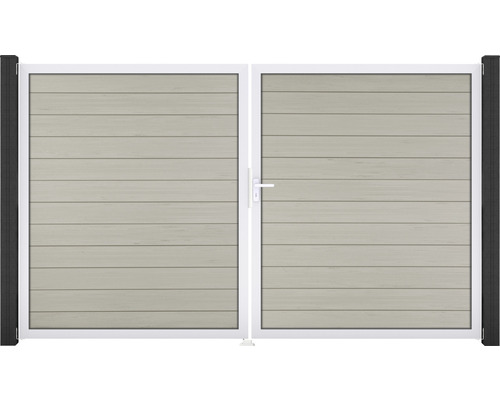 Dvojkrídlová brána s vodorovnými lamelami a bielym rámom