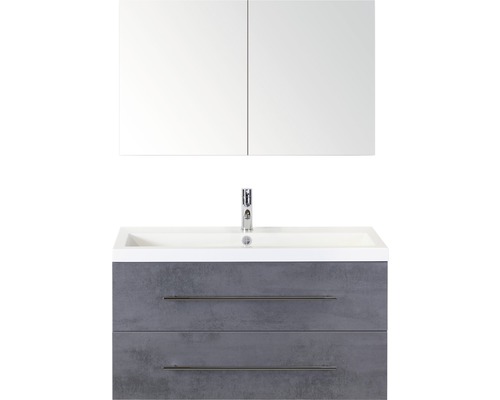 Kúpeľňový nábytkový set Sanox Straight farba čela betón antracitovo sivá ŠxVxH 100 x 170 x 40 cm s umývadlom z minerálnej liatiny a zrkadlovou skrinkou Skrinka pod umývadlo s dvomi zásuvkami, umývadlom a zrkadlovou skrinkou do kúpeľne