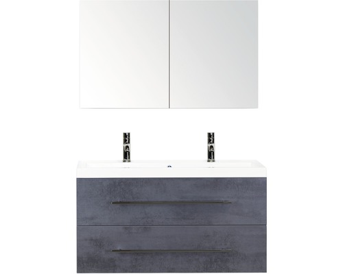 Kúpeľňový nábytkový set Sanox Straight farba čela betón antracitovo sivá ŠxVxH 100 x 170 x 40 cm s dvojitým umývadlom z minerálnej liatiny a zrkadlovou skrinkou Súprava kúpeľňového nábytku s umývadlom, spodnou skrinkou a zrkadlovou skrinkou