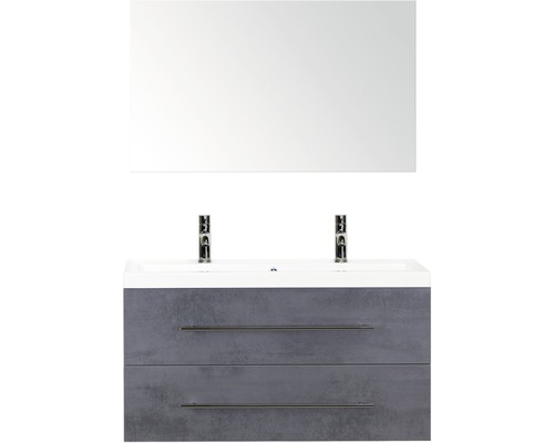Kúpeľňový nábytkový set Sanox Straight farba čela betón antracitovo sivá ŠxVxH 100 x 170 x 40 cm s dvojitým umývadlom z minerálnej liatiny a zrkadlom Umývadlo s dvomi umývadlami, spodná skrinka s dvomi zásuvkami a zrkadlo