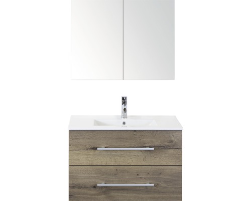 Kúpeľňový nábytkový set Sanox Stretto farba čela tabacco ŠxVxH 81 x 170 x 39 cm s keramickým umývadlom a zrkadlovou skrinkou