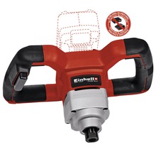 Logo spoločnosti Einhell. Miešačka na maltu s dvoma držadlami na miešanie stavebných materiálov.