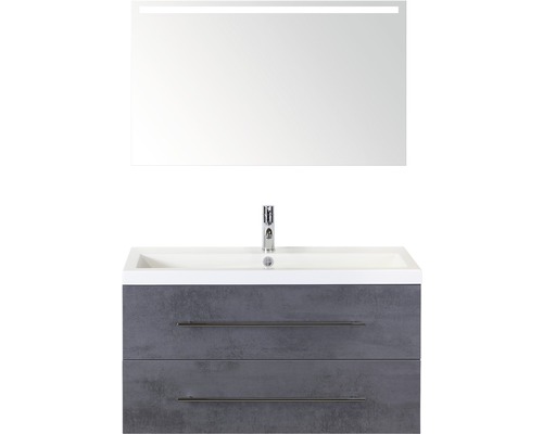 Kúpeľňový nábytkový set Sanox Straight farba čela betón antracitovo sivá ŠxVxH 100 x 170 x 40 cm s umývadlom z minerálnej liatiny a zrkadlom s LED osvetlením Umyvadlová zostava s LED zrkadlom a dvoma zásuvkami