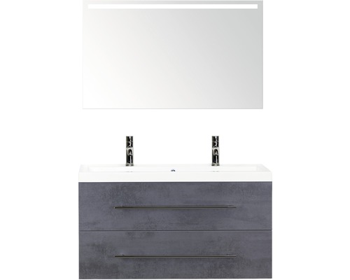 Kúpeľňový nábytkový set Sanox Straight farba čela betón antracitovo sivá ŠxVxH 100 x 170 x 40 cm s dvojitým umývadlom z minerálnej liatiny a zrkadlom s LED osvetlením Skrinka pod umývadlo s dvomi zásuvkami, umývadlom na dosku a zrkadlom s osvetlením do kúpeľne