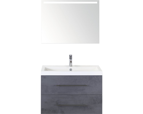 Kúpeľňový nábytkový set Sanox Straight farba čela betón antracitovo sivá ŠxVxH 80 x 170 x 40 cm s umývadlom z minerálnej liatiny a zrkadlom s LED osvetlením Umývadlová skrinka s dvoma zásuvkami, umývadlom a zrkadlom s osvetlením