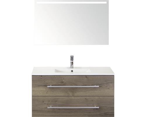 Kúpeľňový nábytkový set Sanox Stretto farba čela tabacco ŠxVxH 101 x 170 x 39 cm s keramickým umývadlom a zrkadlom s LED osvetlením