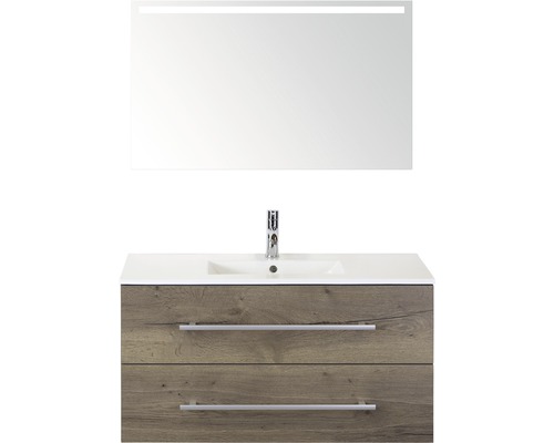 Kúpeľňový nábytkový set Sanox Stretto farba čela tabacco ŠxVxH 101 x 170 x 39 cm s keramickým umývadlom a zrkadlom s LED osvetlením Skrinka pod umývadlo so zrkadlom a dvoma zásuvkami