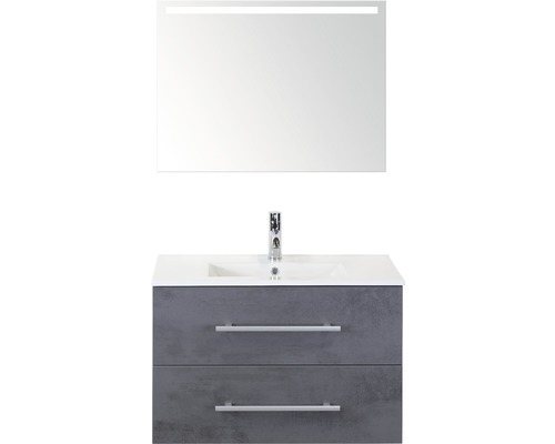 Kúpeľňový nábytkový set Sanox Stretto farba čela betón antracitovo sivá ŠxVxH 81 x 170 x 39 cm s keramickým umývadlom a zrkadlom s LED osvetlením Umyvadlová skrinka s umývadlom, dve zásuvky, batéria a zrkadlo s osvetlením.