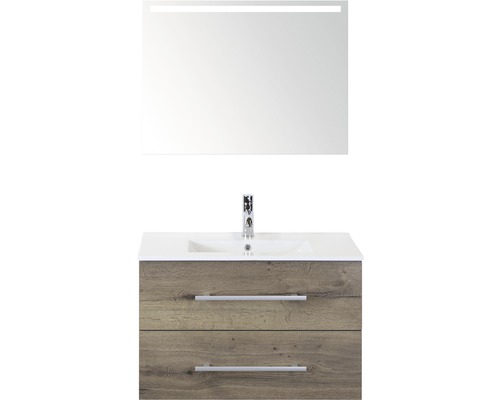 Kúpeľňový nábytkový set Sanox Stretto farba čela tabacco ŠxVxH 81 x 170 x 39 cm s keramickým umývadlom a zrkadlom s LED osvetlením Kúpeľňová skrinka s umývadlom s dvoma zásuvkami, umývadlom a osvetleným zrkadlom