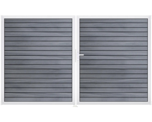 Dvojkrídlová brána s vodorovnou kresbou dreva a bielym rámom