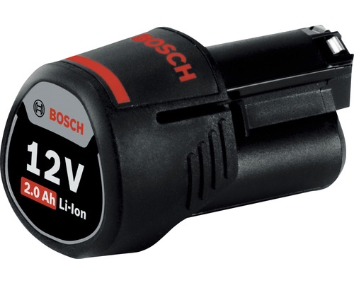 Logo Bosch. 12 voltová 2,0 ampérhodinová lítium-iónová batéria.