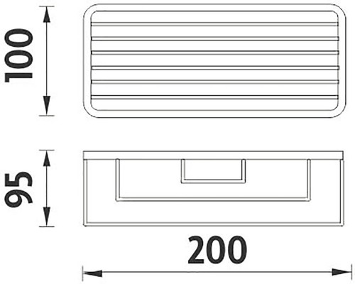 Technický nákres sprchovej police s rozmermi 100, 95 a 200 milimetrov.