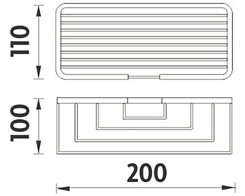 Technický nákres obdĺžnikovej sprchovej police s rozmermi 110 x 200 x 100 milimetrov.