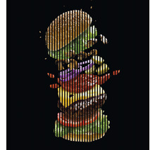 Ilustrácia hamburgeru s prísadami ako šalát, paradajky, syr, cibuľa a huby