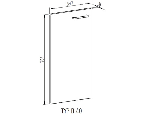 Technický nákres skriňových dverí s rukoväťou a rozmermi 764 x 397 x 16 mm.