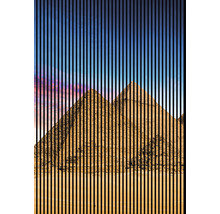 Ilustrácia pyramíd v Gíze s vertikálnymi líniami