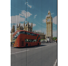 Ilustrácia Londýna s poschodovým autobusom a Big Benom za zvislými pruhmi