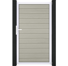 Záhradná bránka s horizontálnymi panelmi, bielym rámom a držadlom