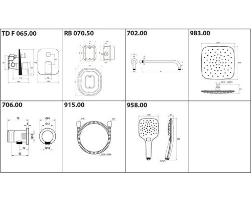 Technické výkresy rôznych kúpeľňových armatúr s rozmermi