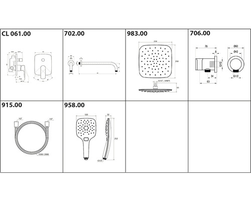 Technické výkresy rôznych kúpeľňových batérií s rozmermi