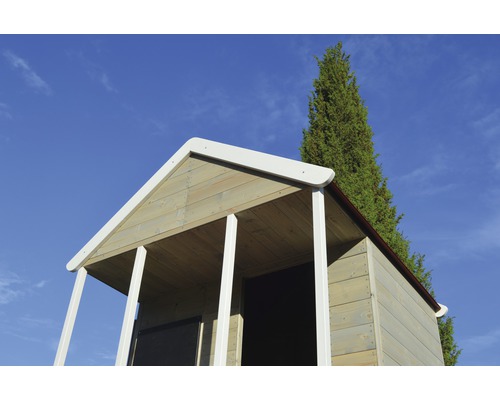 Drevený záhradný domček so sedlovou strechou a strieškou