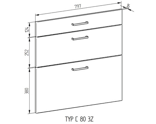 Technický nákres spodnej skrinky s tromi zásuvkami, uvedené rozmery