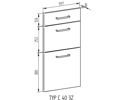 Technický nákres spodnej skrinky s tromi zásuvkami a rozmermi