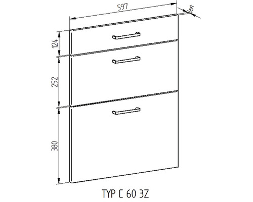 Technický nákres spodnej skrinky s tromi zásuvkami a úchytkami, rozmery sú uvedené