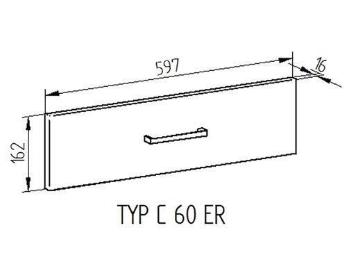 Technický nákres zásuvky s rozmermi 597 x 162 x 16 mm