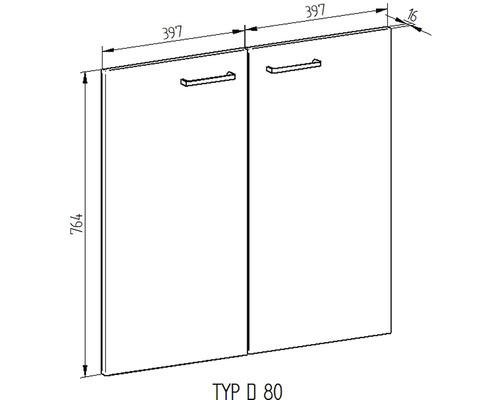 Technický nákres spodnej skrinky typ 80 s úchytkami a rozmermi