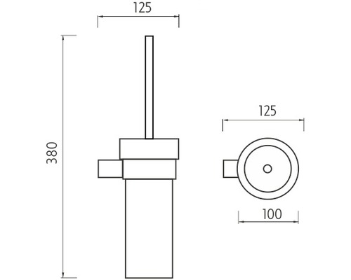 Technický nákres toaletnej kefy s držiakom a rozmermi.