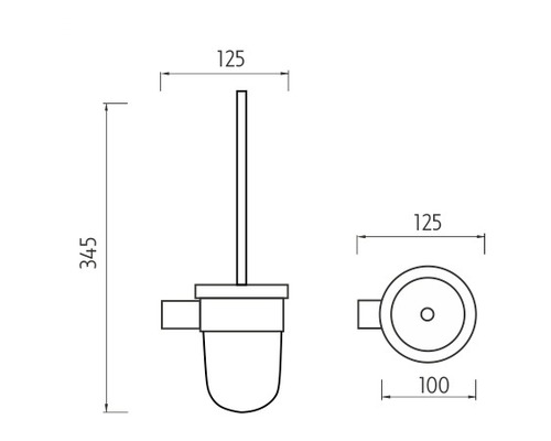 Technický nákres WC kefy s rozmermi 345, 125 a 100 milimetrov.