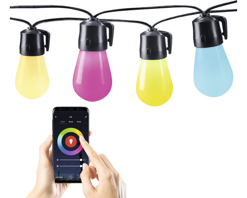 LED svetelná reťaz IP44 RGB 15x 10W 20m ( 6m prívod + 14m kábel so žiarovkami ) Svetelná reťaz s farebnými LED žiarovkami a ovládaním pomocou smartfónu