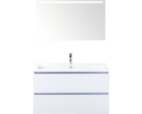Kúpeľňový nábytkový set Vogue 100 cm s keramickým umývadlom a zrkadlom s LED osvetlením biela vysoko lesklá Kúpeľňový nábytkový set Vogue 100 cm s keramickým umývadlom a zrkadlom s LED osvetlením biela vysoko lesklá
