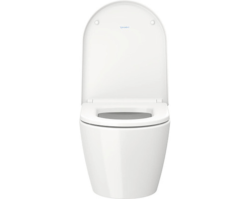 Biela nástenná hlbokosplachovacia toaleta s WC sedadlom a logom Duravit