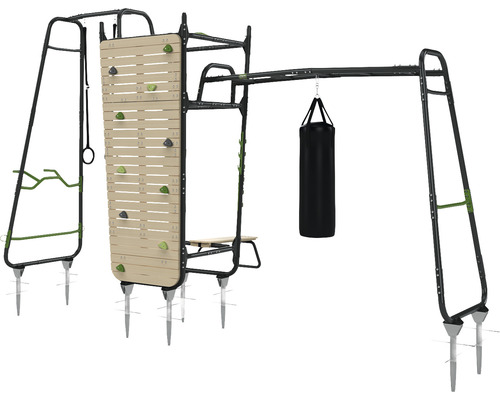 Vonkajšie cvičebné zariadenie s lezeckou stenou, hrazdou, boxovacím vrecom a rebrinami