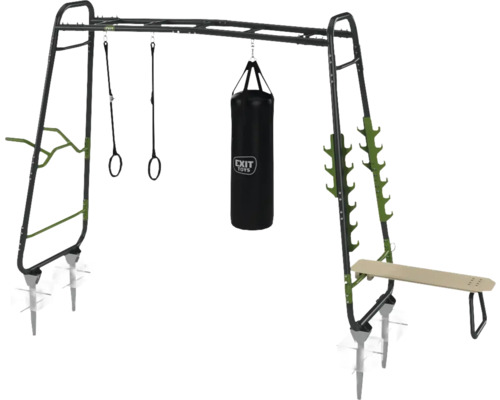 Vonkajšie fitness zariadenie s hrazdou, boxovacím vrecom, gymnastickými kruhmi a lavicou na činky