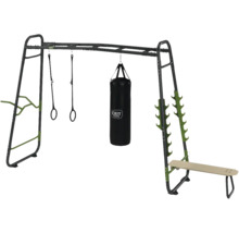 Cvičebné zariadenie s hrazdou, gymnastickými kruhmi, boxovacím vrecom a lavicou