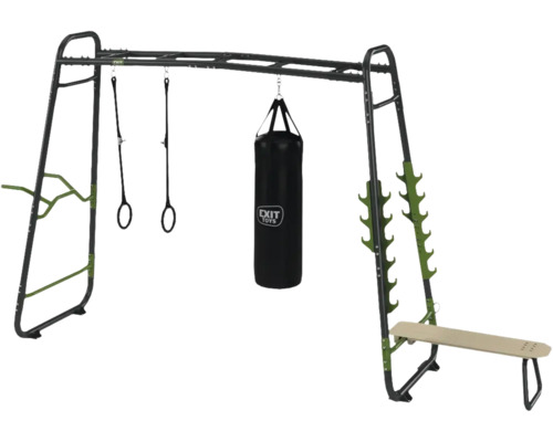 Cvičebné zariadenie s hrazdou, gymnastickými kruhmi, boxovacím vrecom a lavicou