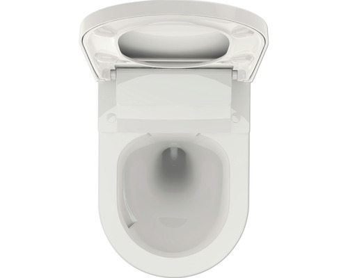 Pohľad zhora na závesné WC s otvoreným záchodovým vekom.