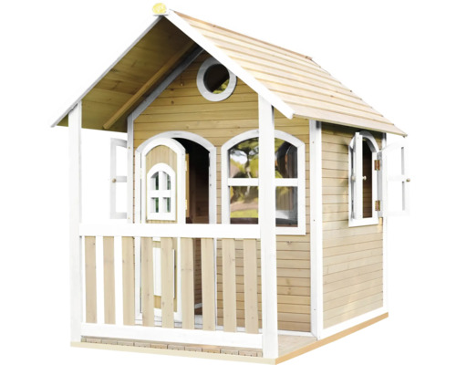 Drevený domček na hranie s verandou, oknami a dverami