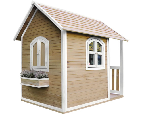Drevený hrací domček s oknami a kvetináčom