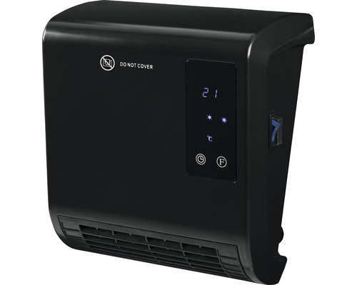 Čierny nástenný ohrievač s digitálnym displejom a symbolom ''Nezakrývať''.